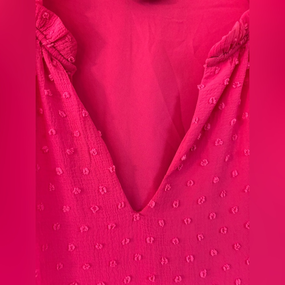 CeCe Hot Pink Clip Dot Babydoll Dress L | Long Sleeve Balloon Sleeve - Picture 6 of 9